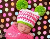 Newborn Pom Pom Sack Hat Pink Green White