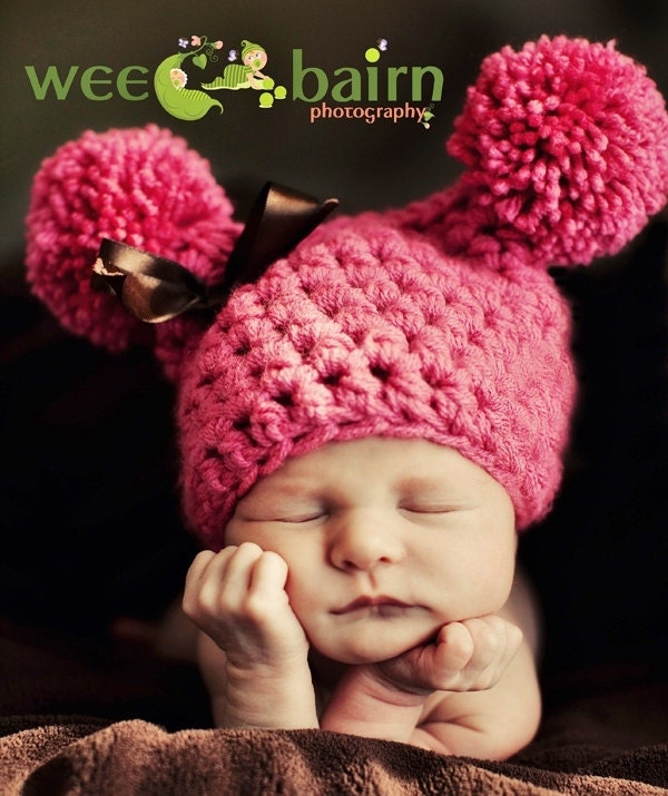 Hot Pink Newborn Baby Pom Pom Sack Hat