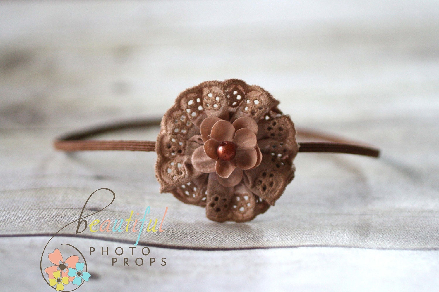 Brown Headband Lace Flower Skinny OOAK