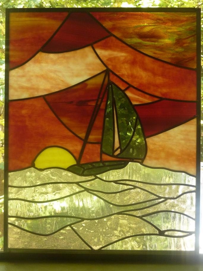 Sunset Sailing - Red Stained Glass Panel Suncatcher Window