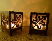 Table Lantern - Leaf Overlay w Floral Glass - BlueFishStudios
