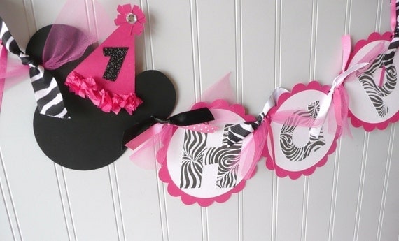 Zebra Minnie Mouse Birthday Banner - DIVA Hot Pink Black Glitter
