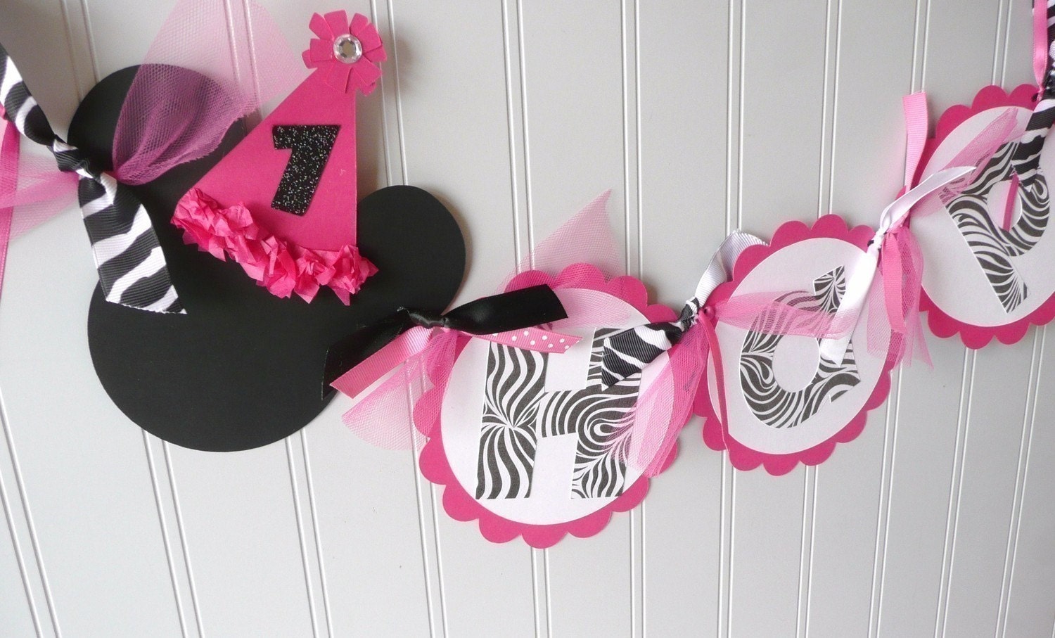 Zebra Minnie Mouse Birthday Banner - DIVA Hot Pink Black Glitter