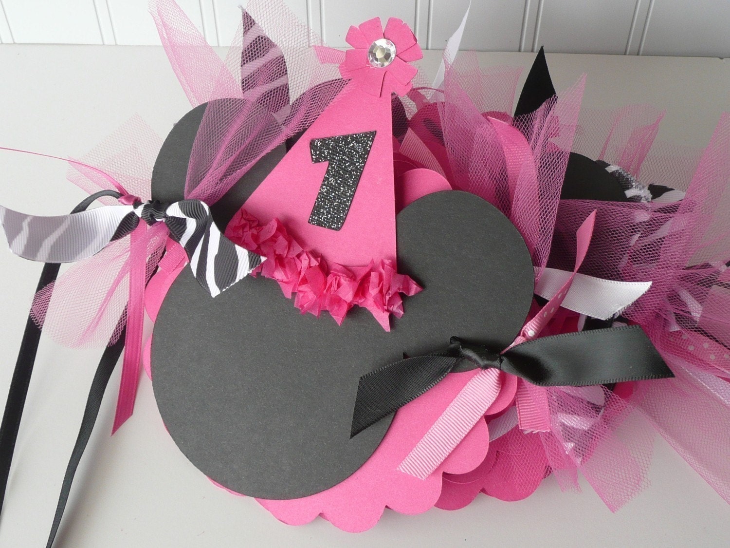Zebra Minnie Mouse Birthday Banner - DIVA Hot Pink Black Glitter