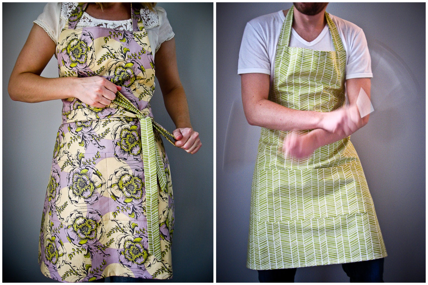 Reversible Apron / violet floral and olive green herringbone