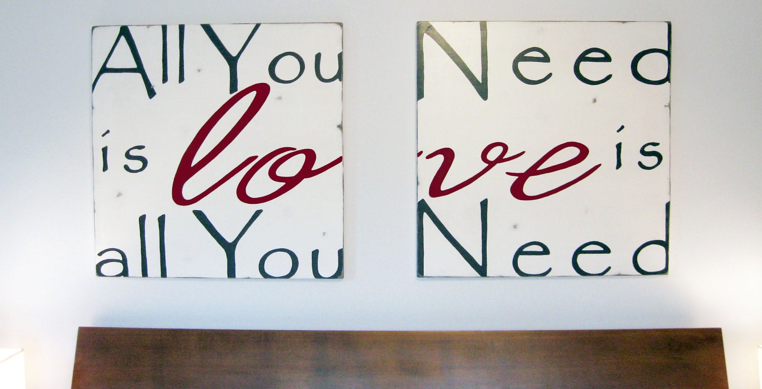 HUGE All You Need Is Love Wood Sign - Typography Word Art -Weather Worn White and Crimson Red on Wood