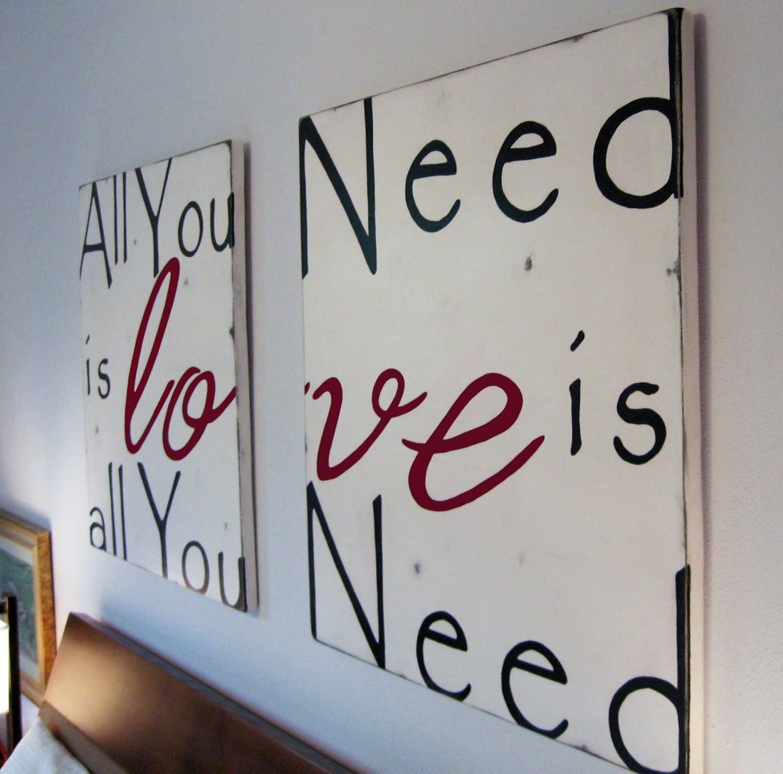 HUGE All You Need Is Love Wood Sign - Typography Word Art -Weather Worn White and Crimson Red on Wood