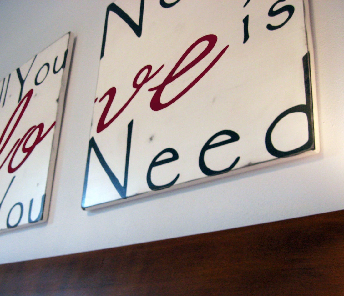 HUGE All You Need Is Love Wood Sign - Typography Word Art -Weather Worn White and Crimson Red on Wood