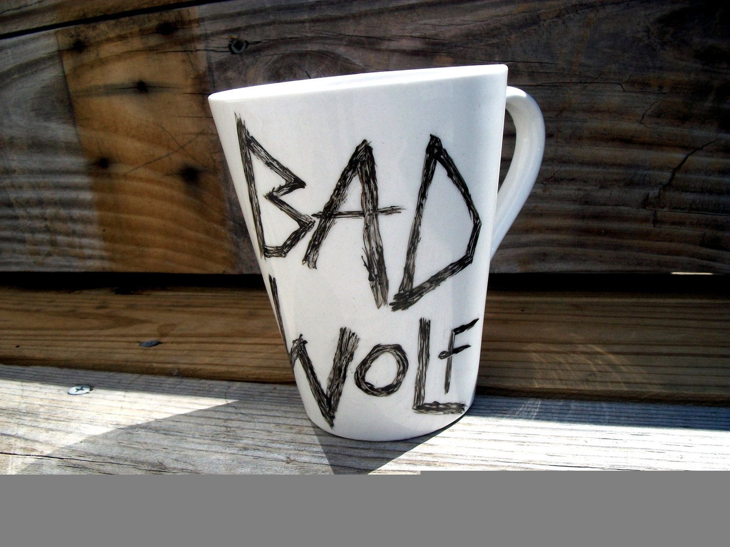 SALE Bad Wolf Doctor Who Hand Painted Black and White Coffee Mug Tea Cup MMMug Front Page Item