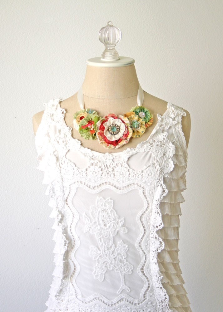 Colorful Garden Party Fabric Flower Statement Necklace