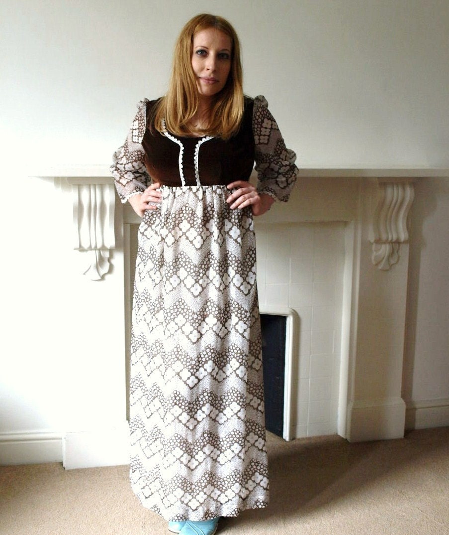 60s brown velvet and cotton long sleeve maxi dress by Marion Donaldson with daisy flower print, sheer sleeves and lace trim  medium