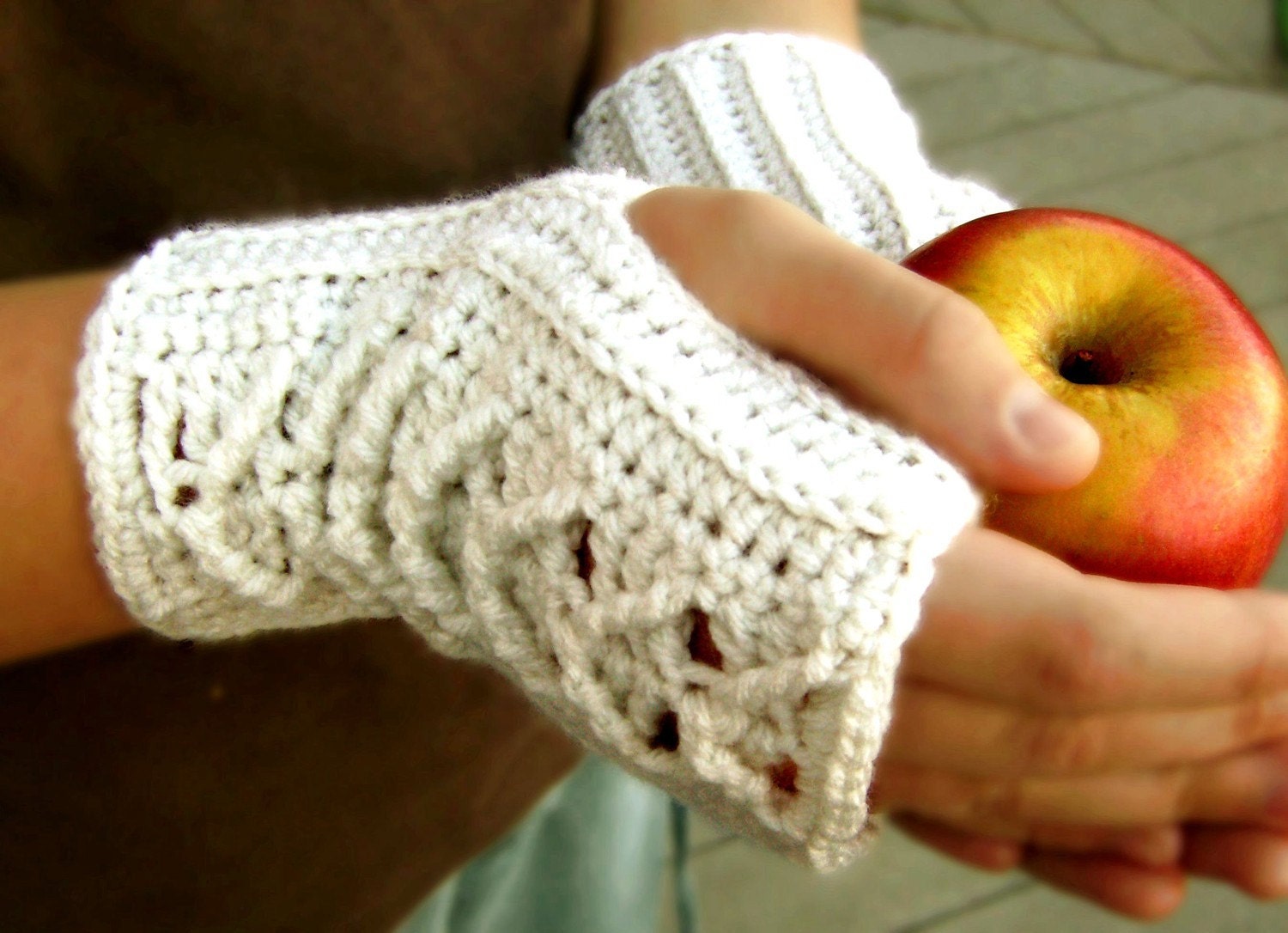 Fingerless Gloves Antique White, Cabled,  Handmade Crocheted