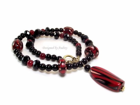 Necklace and Earring Set - Colorful Carnival Nights in Burgundy Black and Pink