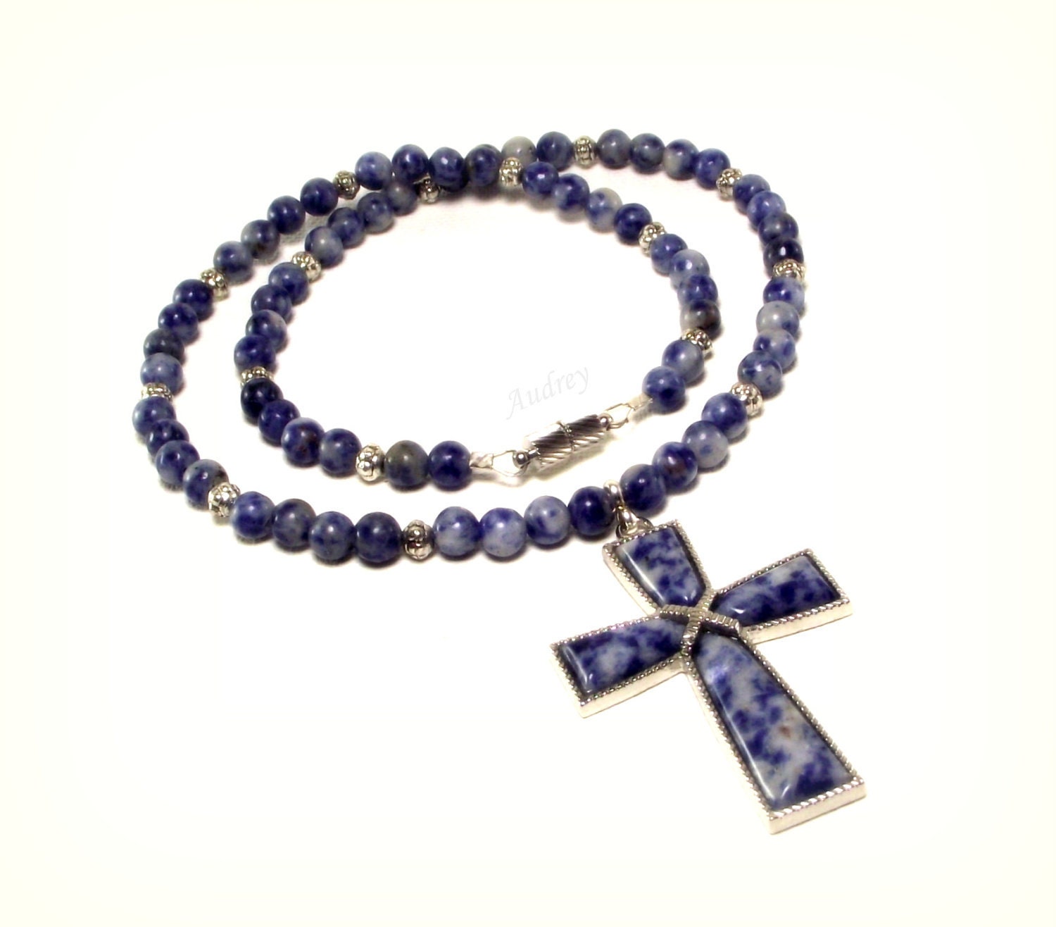 Mens Beaded Necklace Featuring Blue Sodalite Cross Pendant