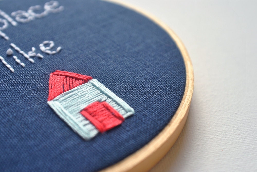 No Place Like Home - Handmade Embroidery Hoop Wall Art - Navy Linen with Pastel Blue and Coral House
