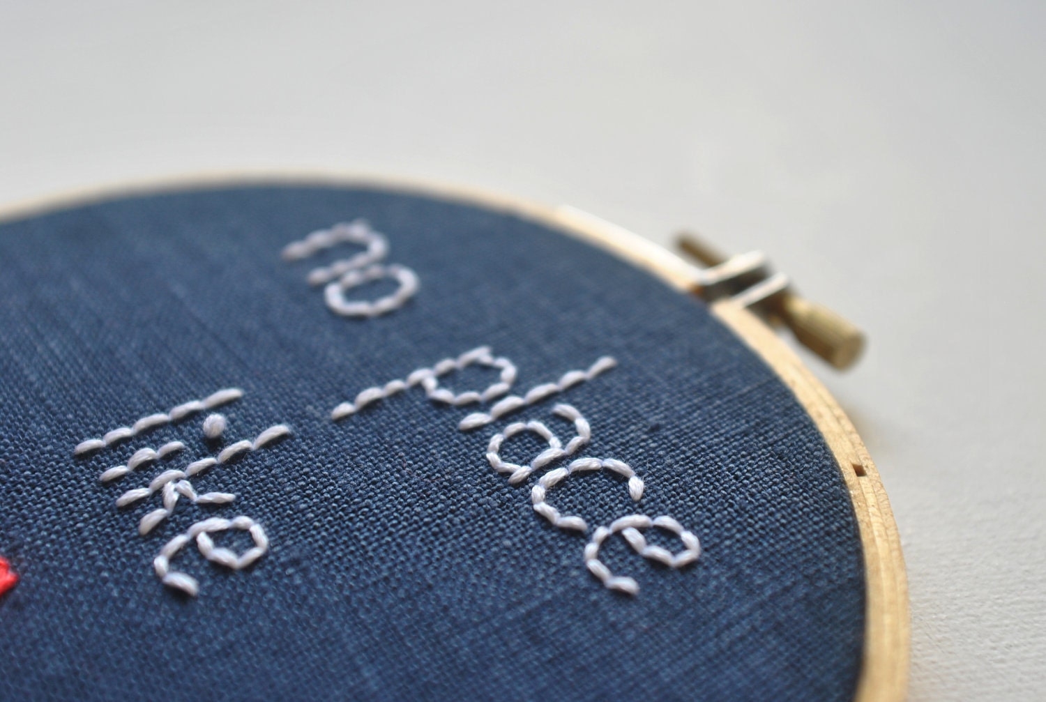 No Place Like Home - Handmade Embroidery Hoop Wall Art - Navy Linen with Pastel Blue and Coral House
