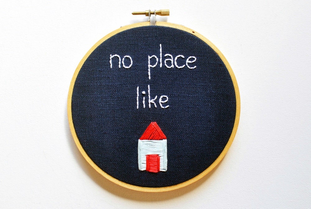No Place Like Home - Handmade Embroidery Hoop Wall Art - Navy Linen with Pastel Blue and Coral House