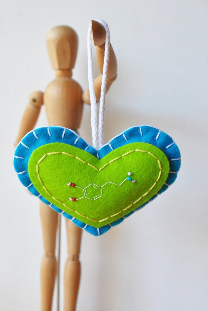 Pleasure Molecule Heart Ornament - Chemistry Dopamine Embroidery - Wool Felt in Turquoise Blue and Lime Green