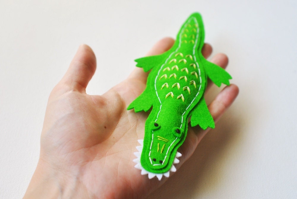 Earth Day - Renewable Fiber - American Alligator Stuffed Wool Animal - Cute Soft Sculpture Toy - Felt Plush - Spring Green