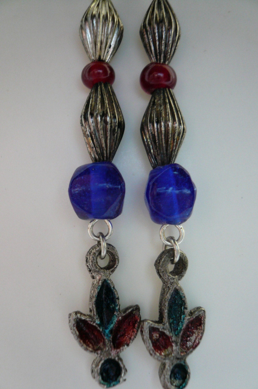Earrings.  India brass and dark blue glass bead dangle earrings. Handmade jewelry by Bijoux Boheme on Etsy.