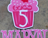 Pinkalicious Cupcake Themed Cake Topper- Hot Pink Cupcake with white sprinkles Red cherry on top Customizable Birthday cake topper