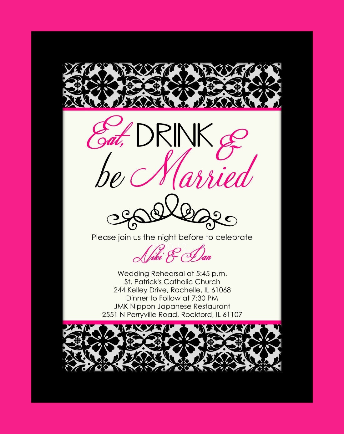 Eat, Drink & Be Married Rehearsal Dinner Invitation - Modern Damask - Digital File Il_570xn