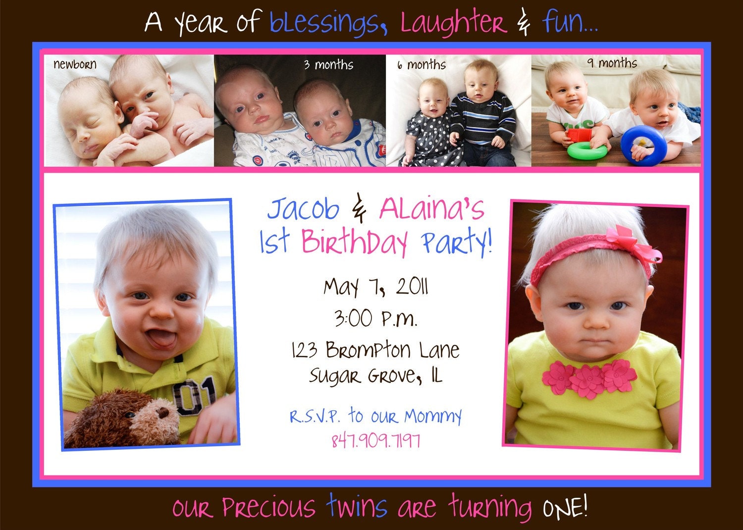 Twins First Birthday Party Invitation - Monthly Photos - Digital File