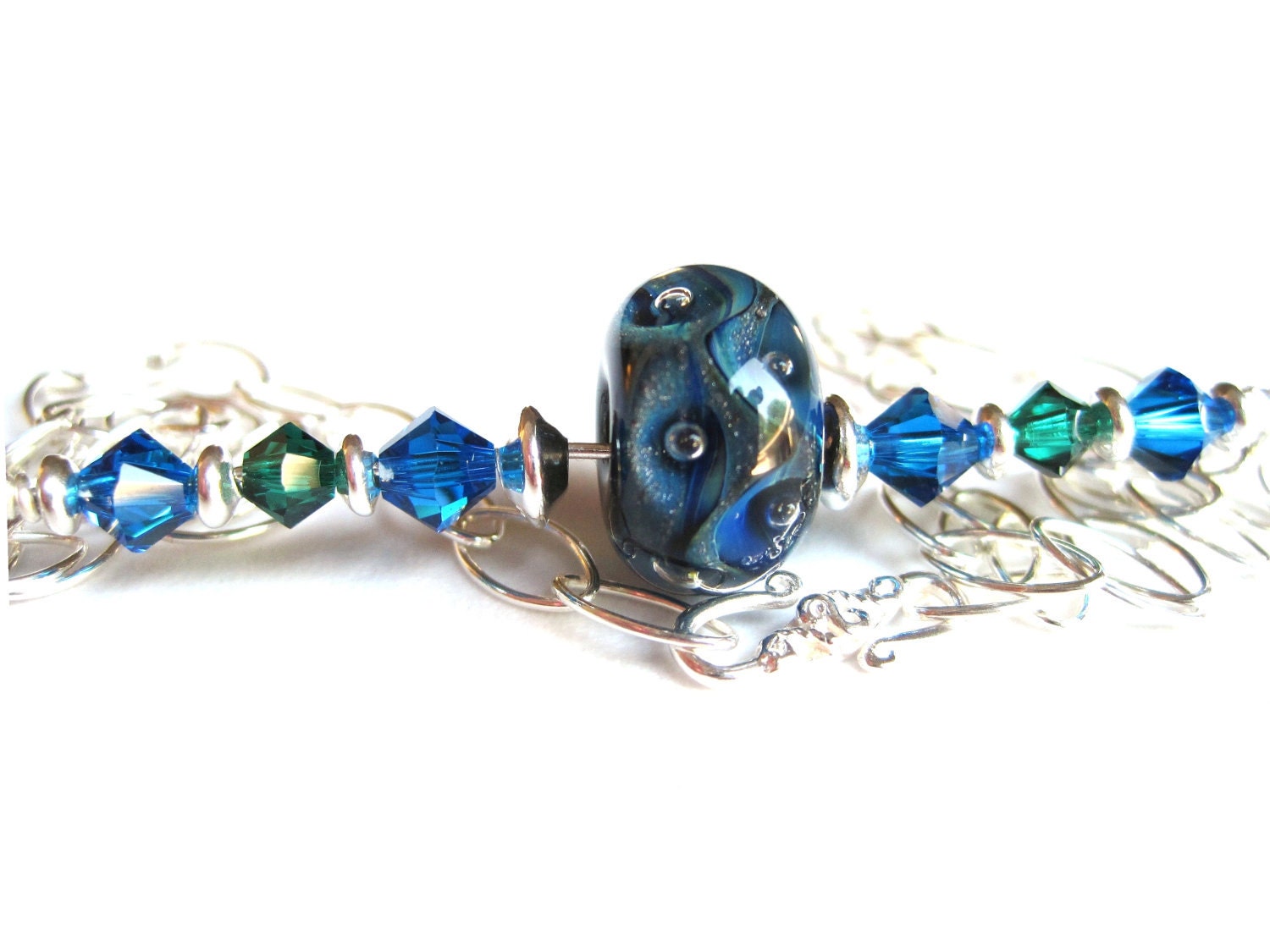 Blue Lampwork Necklace, Crystal Sterling Necklace, Wire Wrapped, Blue and Green, Borosylicate Bead, Swarovski Crystal