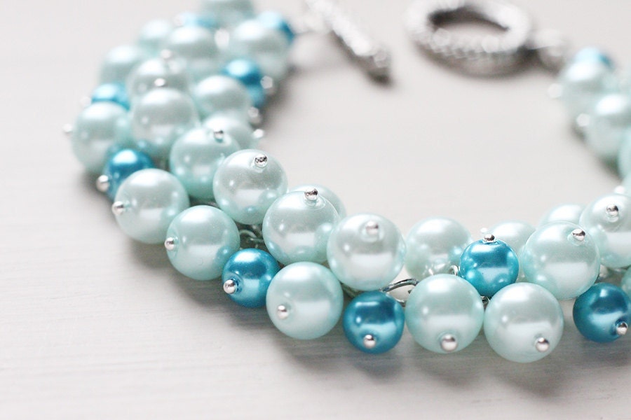 Light Blue Winter Wedding Bridesmaid Jewelry Pearl Cluster Bracelet - Clouds