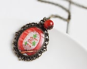 Red Berry Jam Label Vintage Art Pendant Necklace