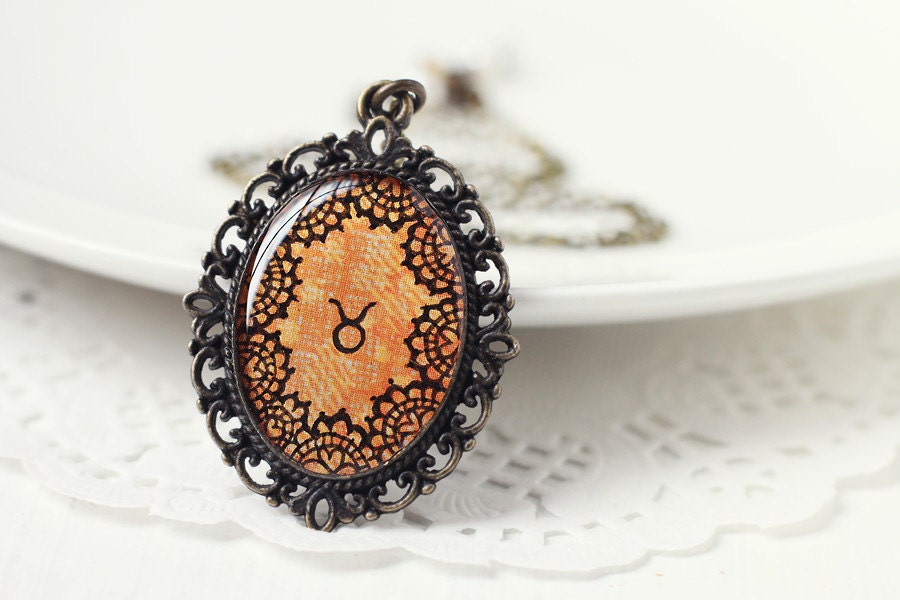 Zodiac Taurus Astrology Pendant Necklace, Orange Lace Hand Drawn Art Original Painting