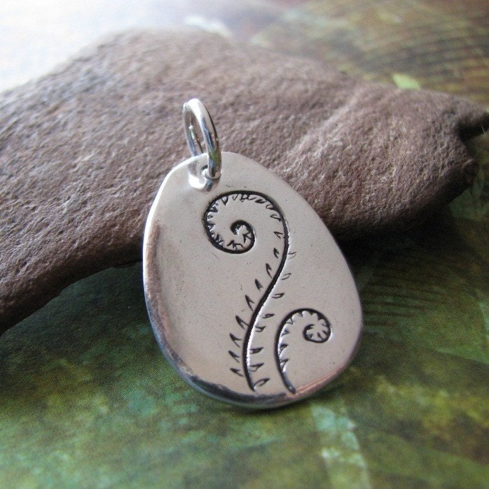 Fiddleheads, Artisan PMC Jewelry, Fine Silver Pendant with Sterling Ring, Engraved by Hand
