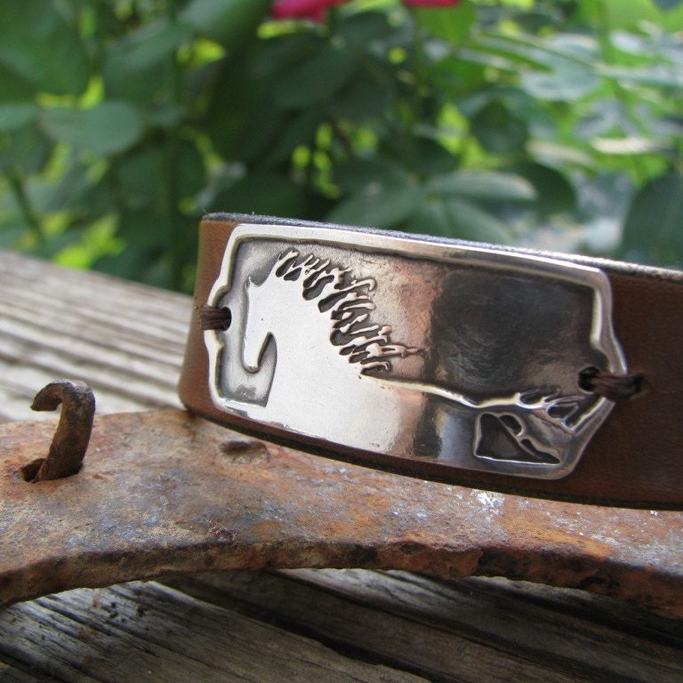 Horse Jewelry, Leather Cuff Bracelet with Fine Silver Horse Link, Artisan Handmade by SilverWishes