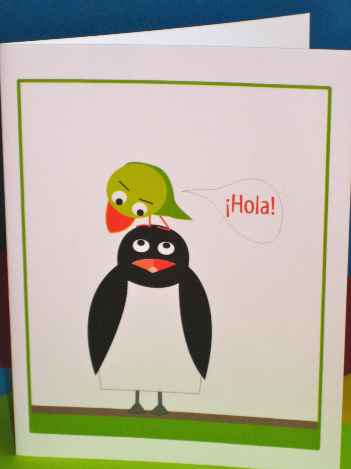 Hello Hola blank Note Card stationery set of 5 with bird and penguin