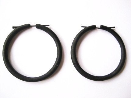Large black wooden circular hoop stick earrings
