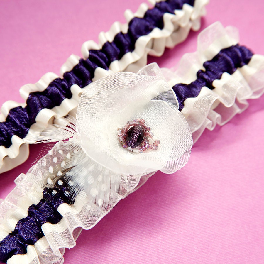 Wedding Garter Set, Boudoir Garter Set, Bridal Garter Set - Lapis Purple Fleur Feather Garter SET - SM/MED