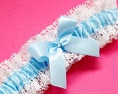 Wedding Garter, Boudoir Garter, Bridal Garter, Prom Garter - Hand Cut Lace Baby Blue Crystal Bow Garter SINGLE -  SM/MED