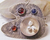 Necklace-Pendant-Sterling Silver with Garnet, Carnelian, Sodalite, and Freshwater Pearls