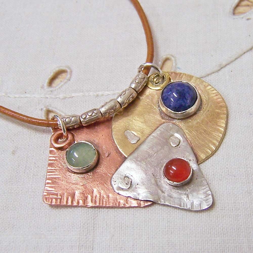 Necklace-Pendant- Copper, Brass, Sterling Silver with Gemstone Cabochons