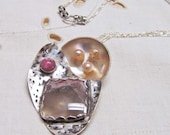 Necklace-Pendant- Abstract Sterling Silver with Tourmaline, Rhodonite, and Freshwater Pearls