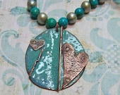Necklace-Foldformed and Enameled Copper Pendant with Turquoise and Freshwater Pearls