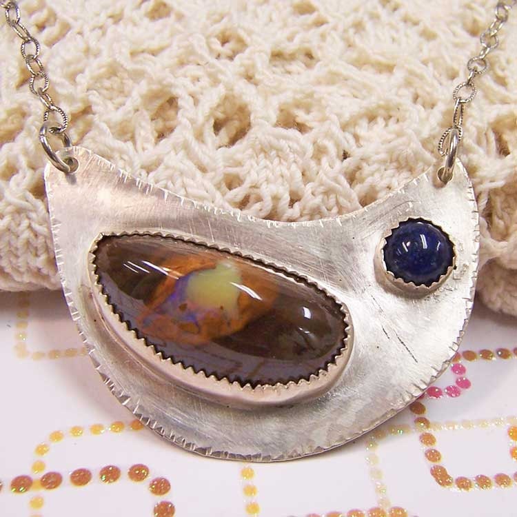 Necklace-Boulder Opal and Lapis Lazuli Cabochons and Sterling Silver
