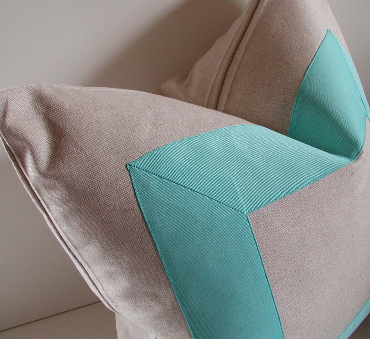 Natural cotton - 18 - 20 - 22 inch - Decorative Pillow - fabric with aqua ribbon embellishment - Made to Order