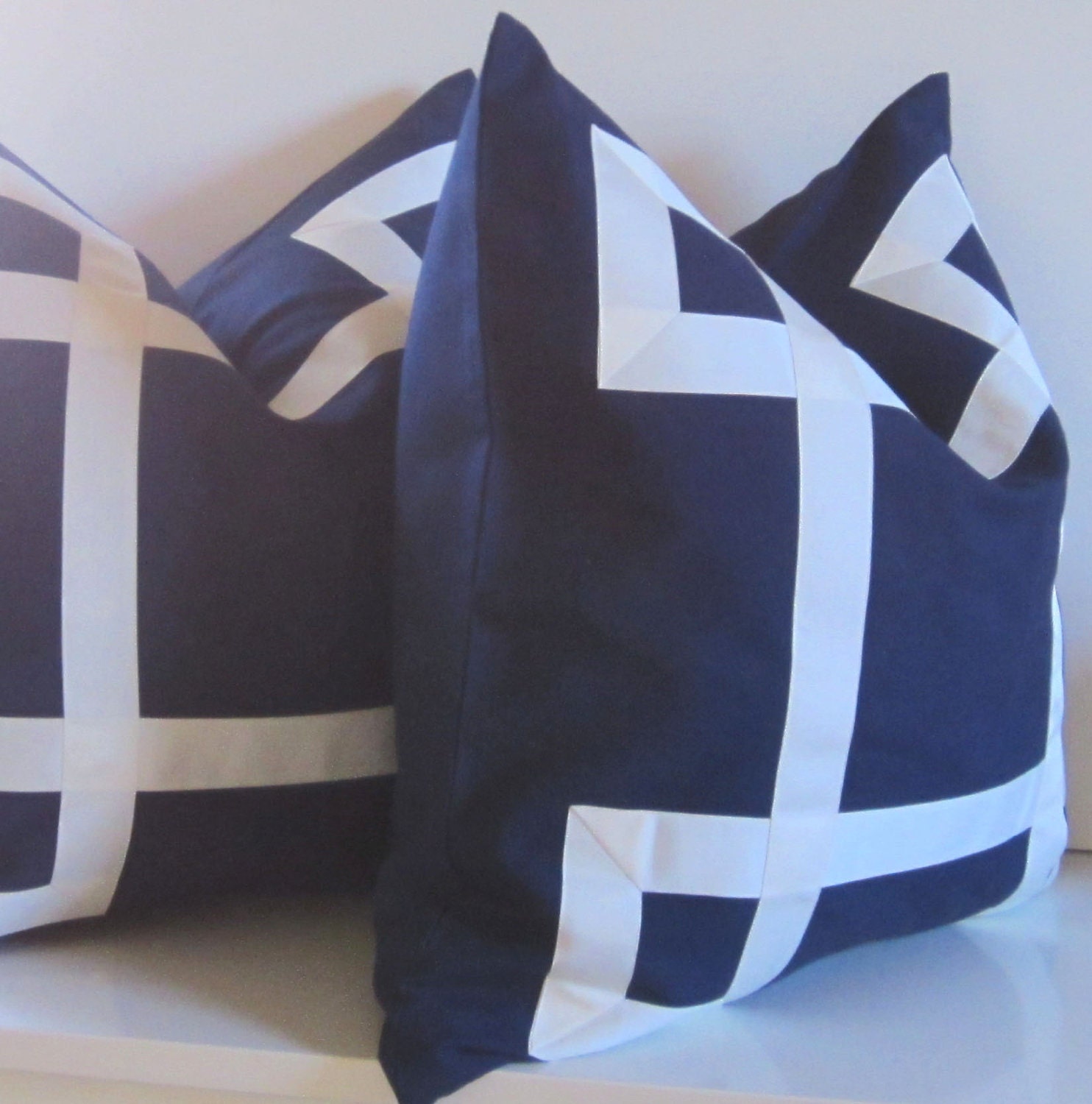 Set of Two - Navy Blue Pillow Covers - 20 - 22 - 24 inch - Decorative Pillows - White Ribbon - euro sham - navy and white - made to order