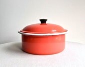 Coral Enameled Metal Covered Dish Enamelware Kitchen Storage