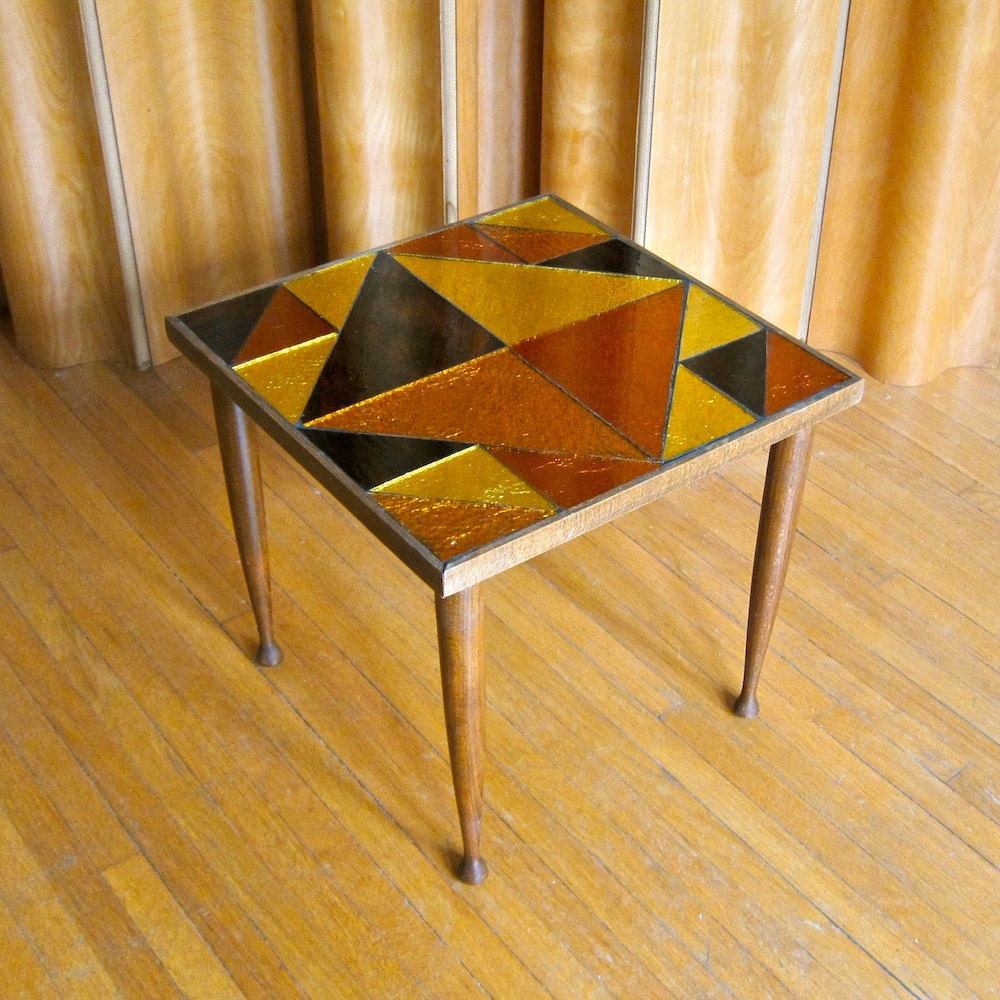 Glass Mosaic Top Side Table in Brown, Orange and Yellow, circa 1970