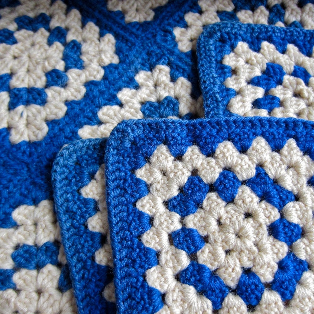 Blue and White Crochet Wool Granny Squares Afghan Throw Blanket