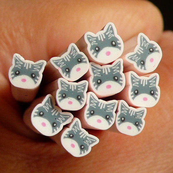 Cat Polymer Clay Cane (Grey and White)Animal Fimo Cane Miniature Sweets Decoration Faux  Nail Art Nail Deco Scrapbooking CAN008