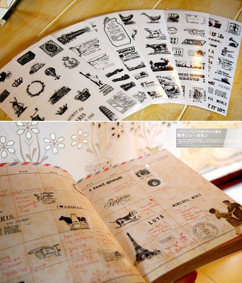 Stamp Sticker Set (6 Sheets) Antique, Message, Post Stamp, Animal, etc in Vintage Style for Scrapbooking Gift Wrap Home Decor Collage S006