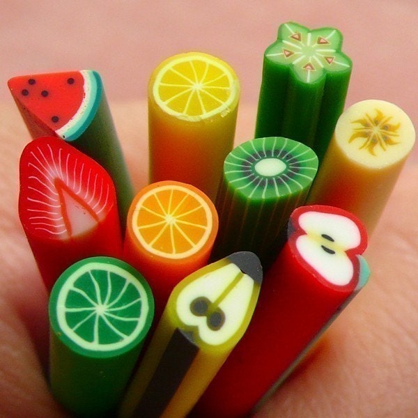Polymer Clay Cane Fruit Assorted Canes Mix 10 pcs 2.5cm Long Mini Miniature Sweets Deco Kawaii Cupcake Fruit Tart Fimo Cane Nail Art CMX039